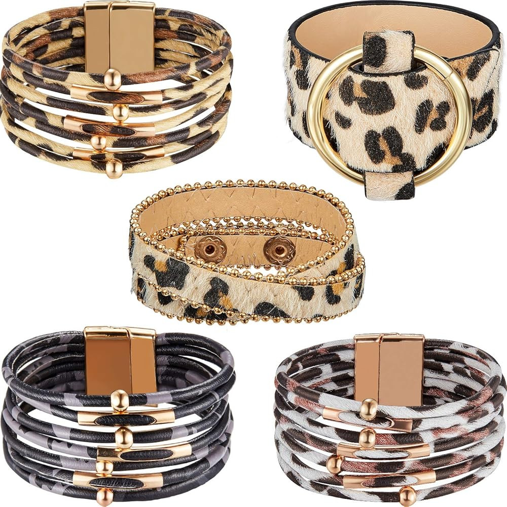 Hicarer 5 Pieces leopard bracelet Leopard Tube Bracelet Multilayer Leather Cuff Bracelet Boho Leo... | Amazon (US)