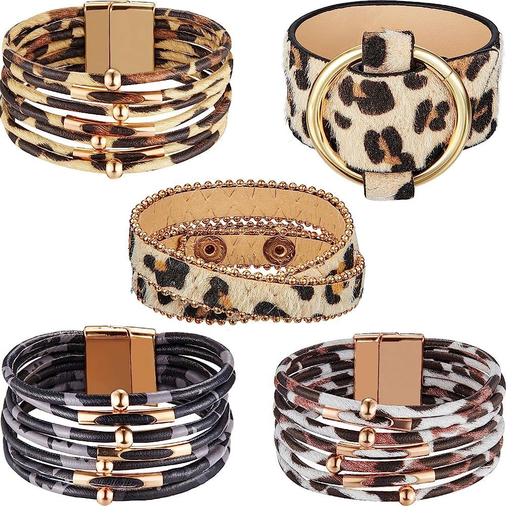 Hicarer 5 Pieces Leopard Bracelet Leopard Tube Bracelet Multilayer Leather Cuff Bracelet Boho Leo... | Amazon (US)