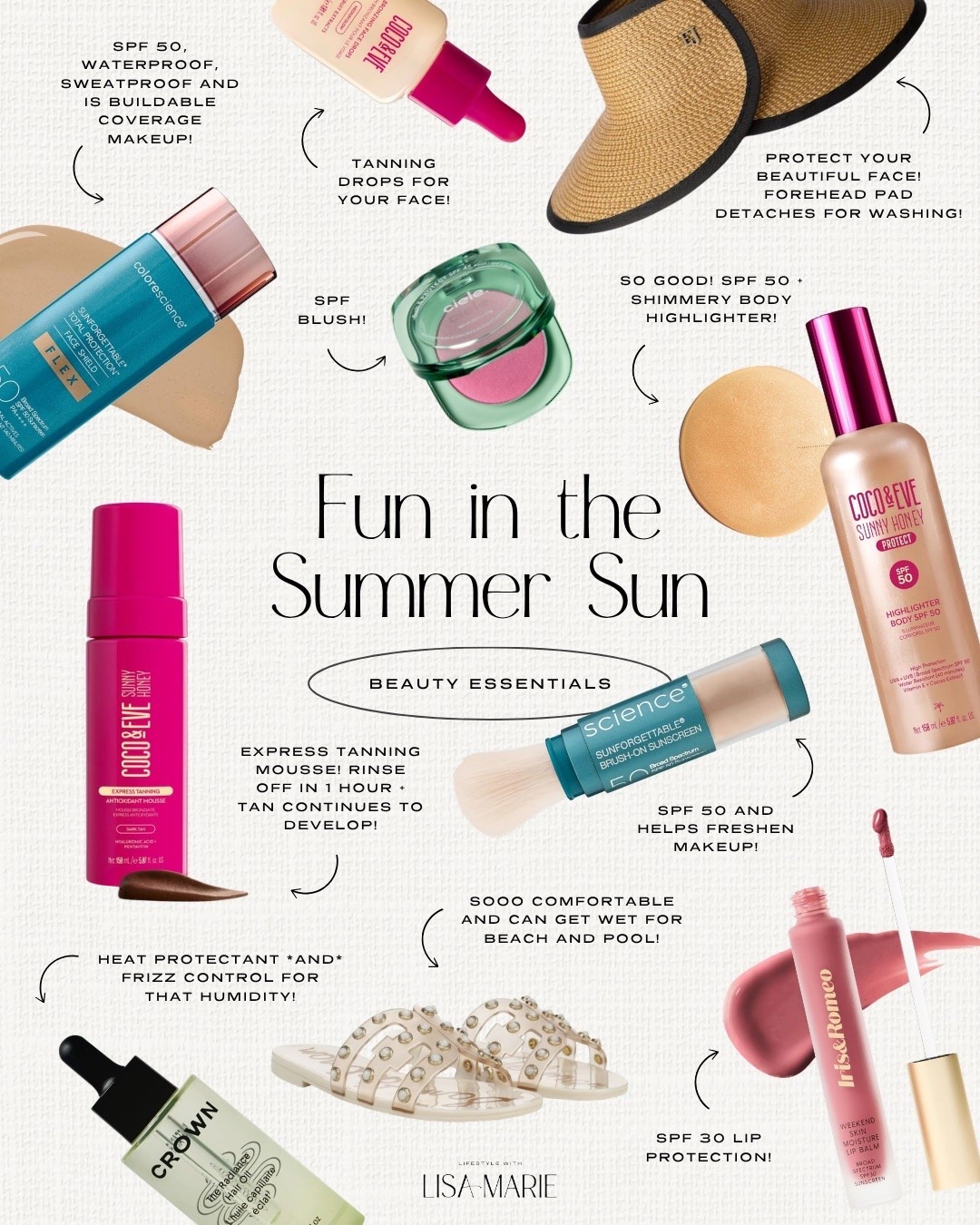 Beauty essentials for fun in the summer sun! Face and body self-tanning mousse, lotion and oil. SPF makeup, foundation, blush and lip gloss. Water-friendly sandals for the pool and beach. Luxury hats and visors for skin protection. Heat protectant and frizz control.

#LTKgrwm #LTKmorningroutine #LTKBeauty