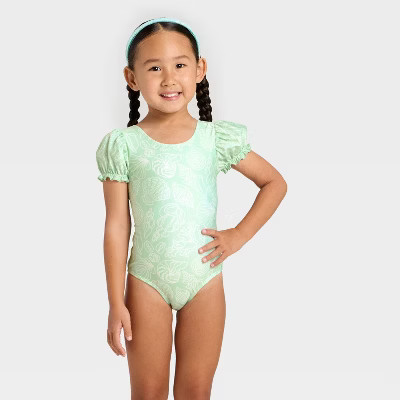 Toddler Girls' Puff Sleeve Seashell One Piece Swimsuit - Cat & Jack™ Green 2T | Target