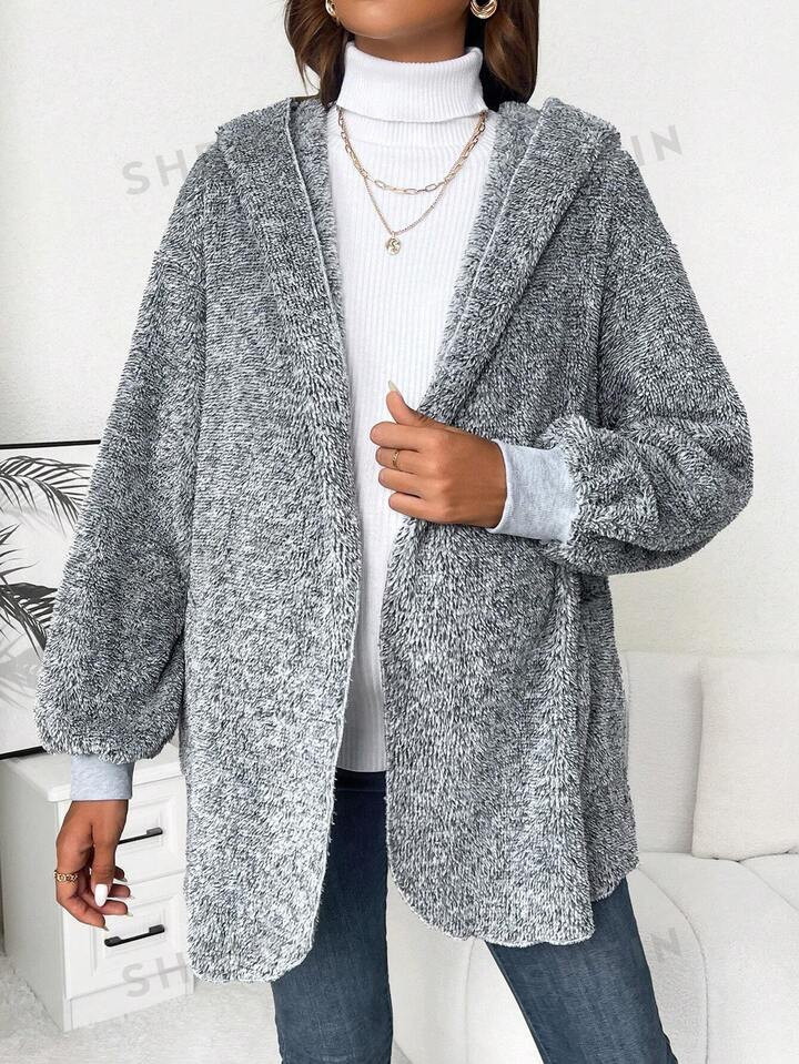 SHEIN Maternity Open Front Hooded Teddy Coat | SHEIN