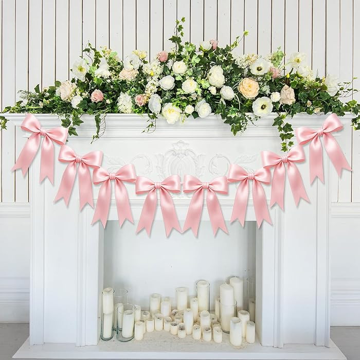 1 String of 8PCS Pink Bow Garland Banner Decoration,Pre-Strung Satin Ribbon Ornaments for Birthda... | Amazon (US)