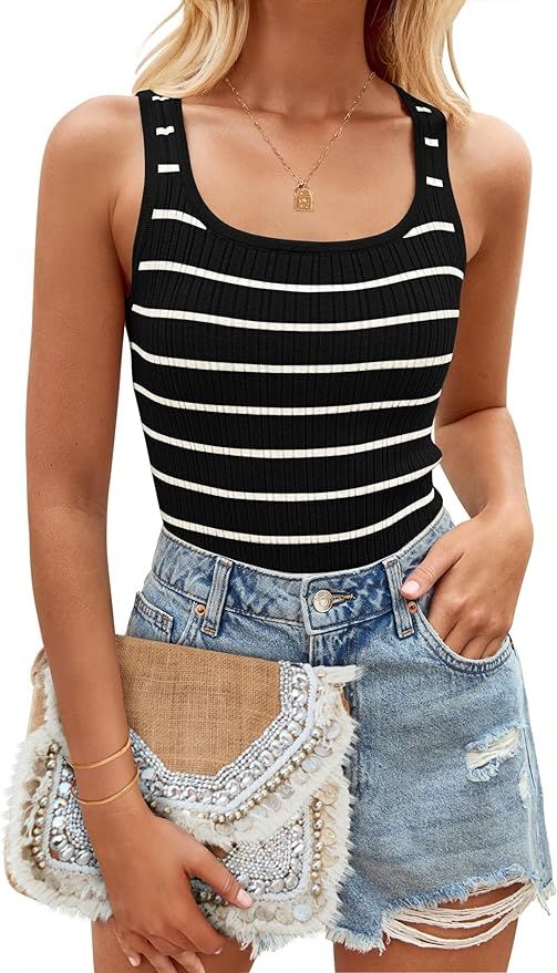 ZESICA Sleeveless Tank Tops for Women Square Neck Top Striped Shirts Basic Ribbed Knit Blouses 20... | Amazon (US)