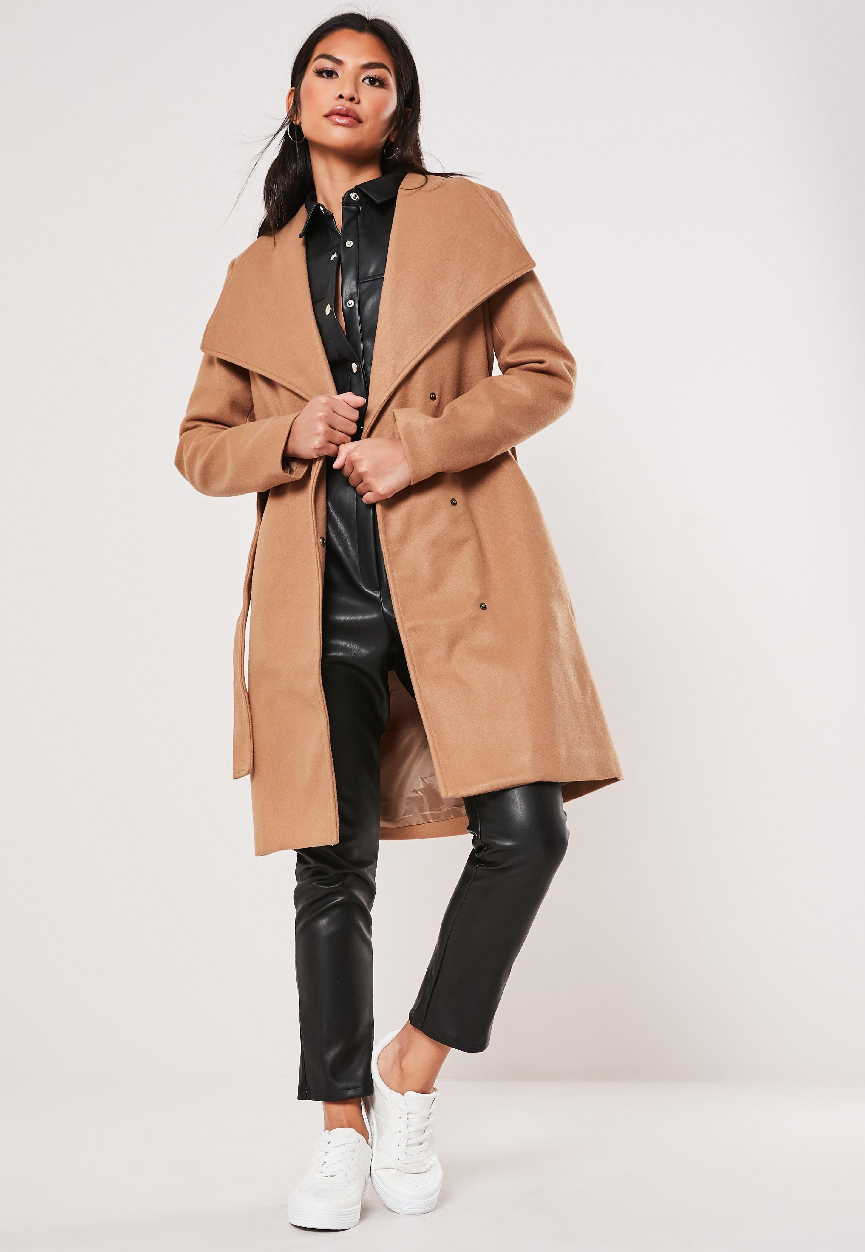 Camel Belted Wrap Coat | Missguided (US & CA)