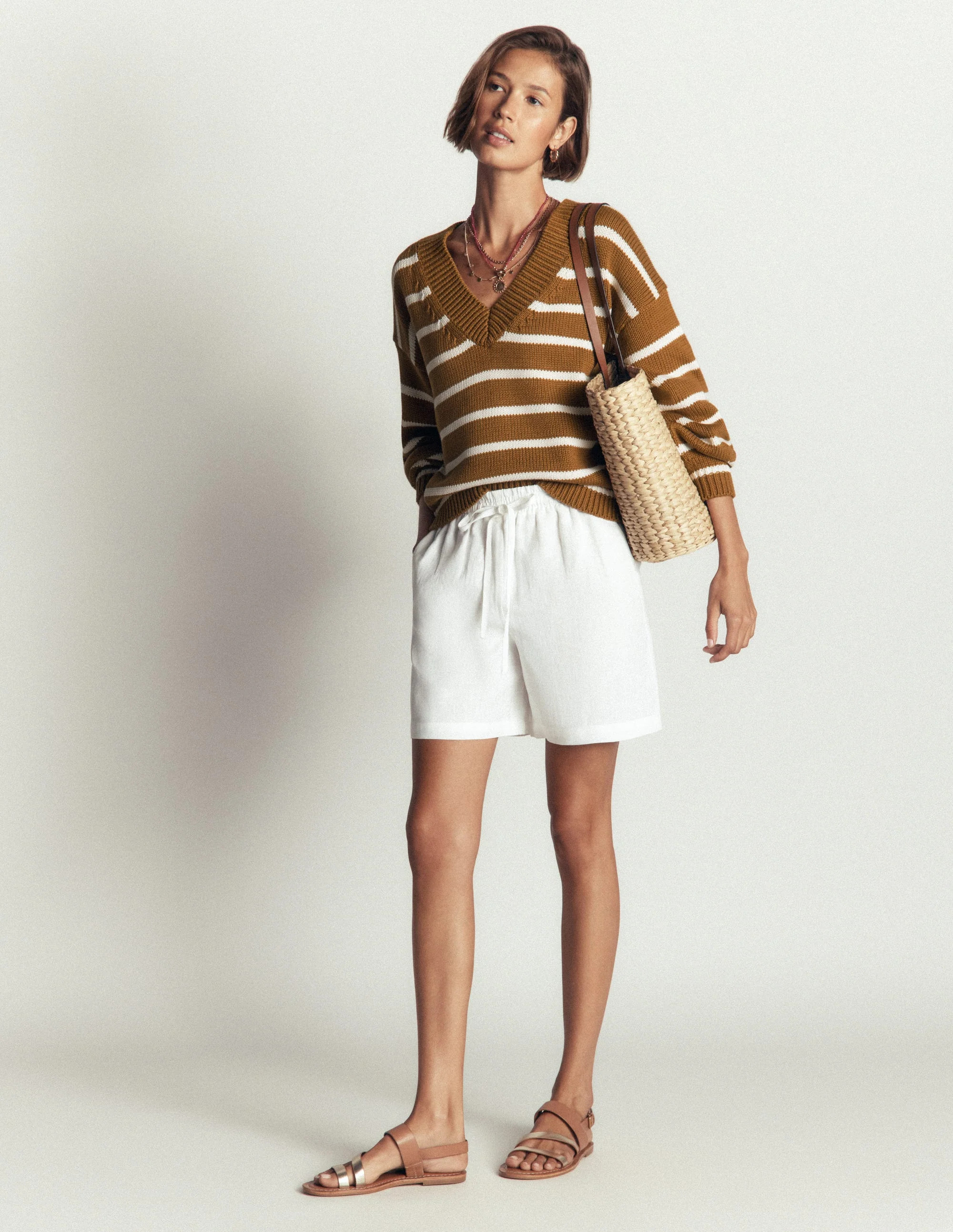 Lucy Cotton V-neck Sweater-Gingerbread, Ivory | Boden (US)