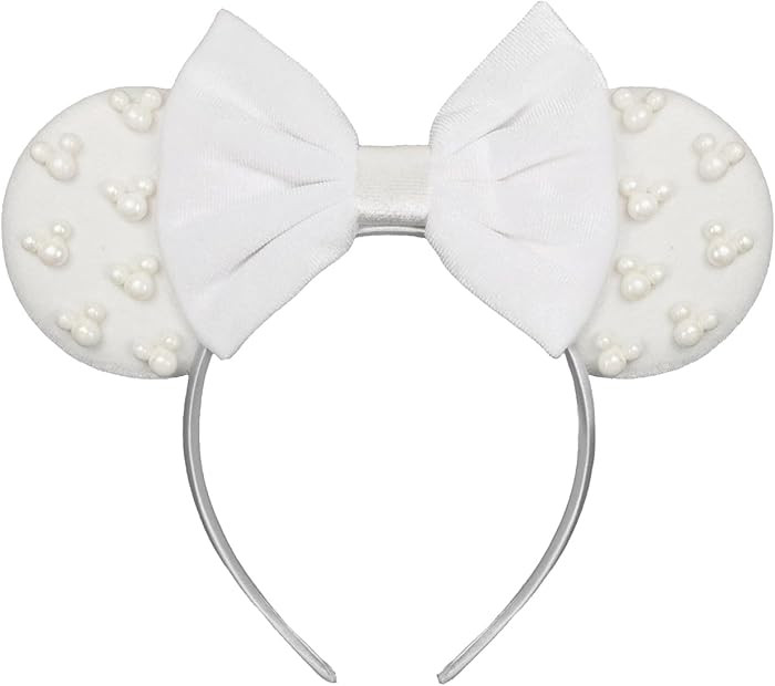 JIAHANG Velvet Mouse Ears Headband with Beads, White Hair Bow Hairband with Pearls, Party Decorat... | Amazon (US)