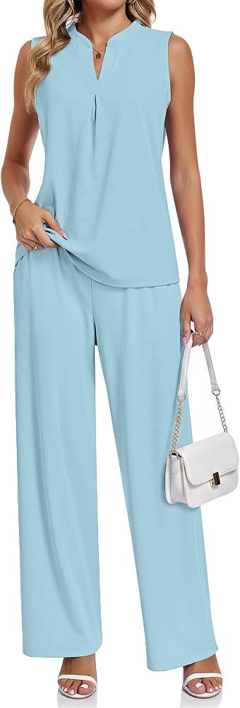 AUSELILY Women's Two Piece Sets Waffle Knit Summer Casual V Neck Sleeveless Pleated Pants Set Dra... | Amazon (US)