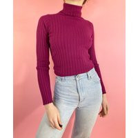 Vintage 90S 1990S Ribbed Purple Solid Print Basics Long Sleeve Turtleneck Sweater Shirt Blouse Mediu | Etsy (US)
