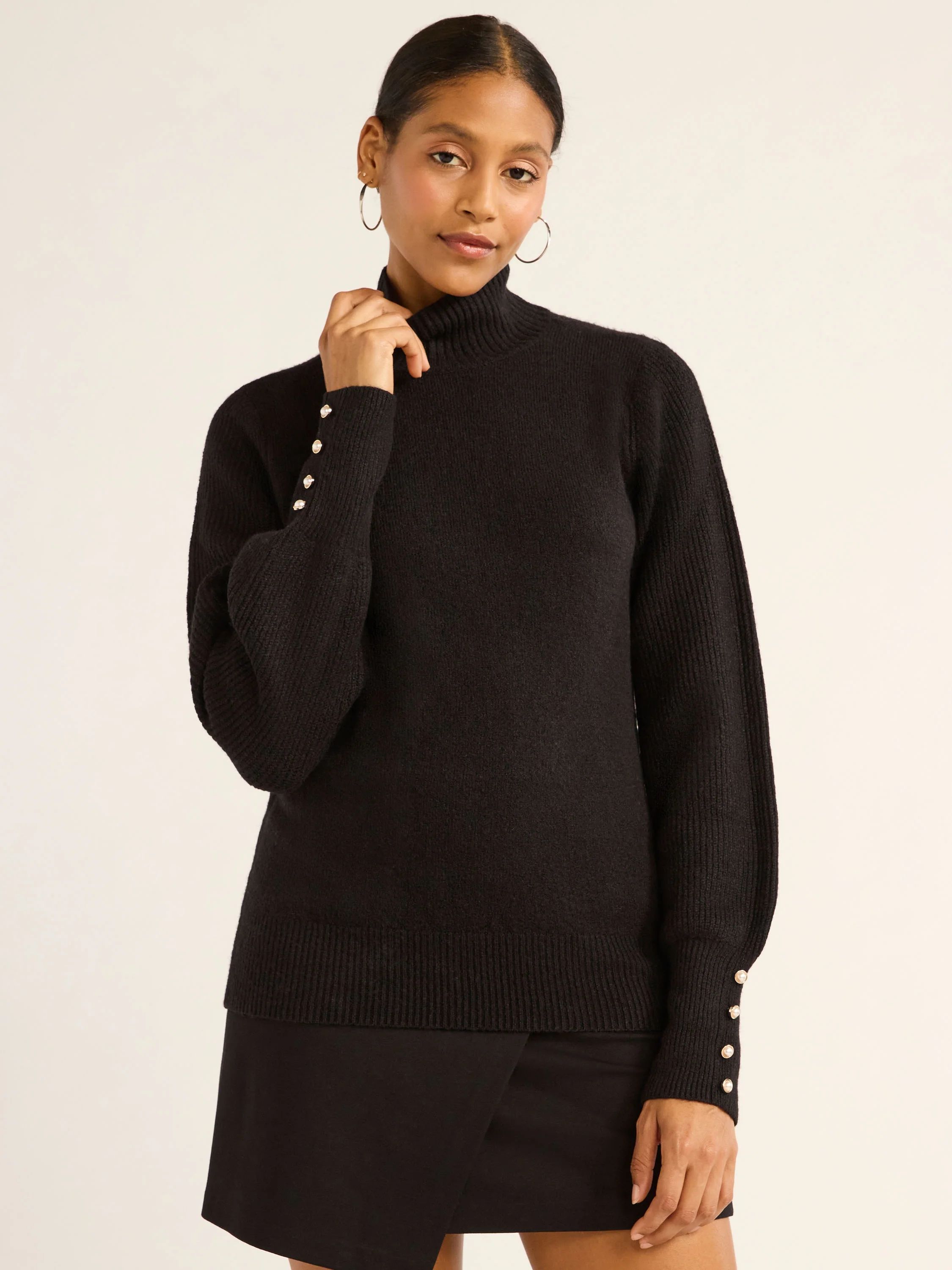 Scoop Women's Turtleneck Sweater with Faux Pearl Button Cuffs, Midweight, Sizes XS-XXL | Walmart (US)