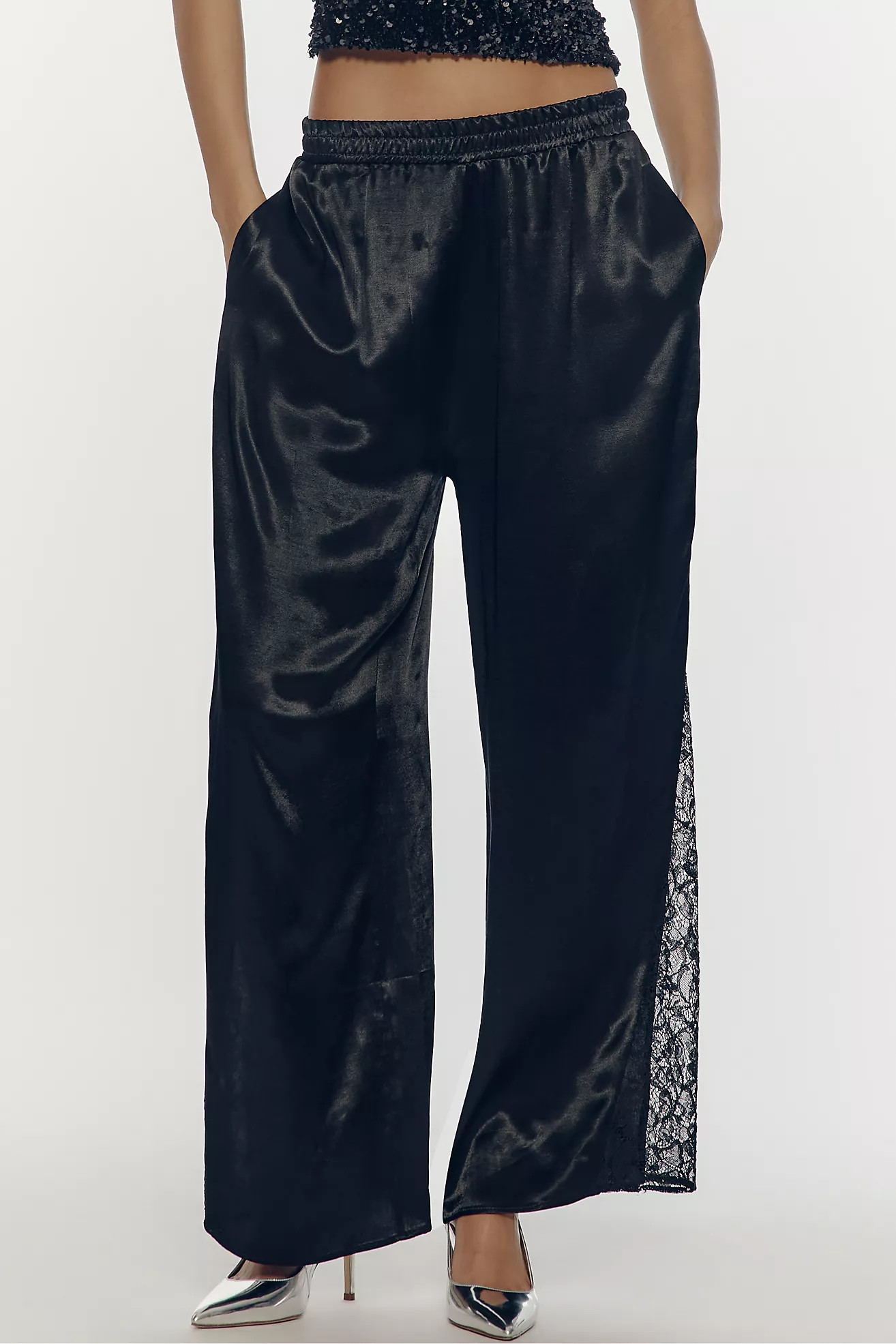By Anthropologie Lace Insert Wide-Leg Pull-On Satin Pants | Anthropologie (US)