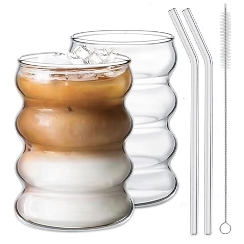 Ework4U 2 Pcs Drinking Glasses with Glass Straw 14oz Glassware Set,Cocktail Glasses,Iced Coffee Glasses,Beer Glasses,Ideal for Water,Soda,Tea,Gift - with Cleaning Brushe | Amazon (US)