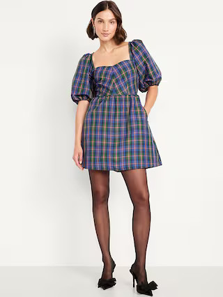 Puff-Sleeve Plaid Fit & Flare Taffeta Mini Dress | Old Navy (US)
