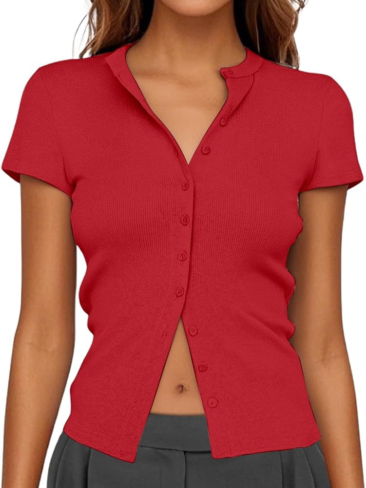 Women's Button Up Ribbed Short Sleeve Cardigan Pure Color T Shirt Women's Button Down Shirt | Amazon (US)