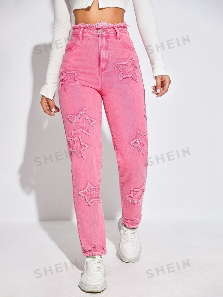 High Waist Star Patched Jeans | SHEIN
