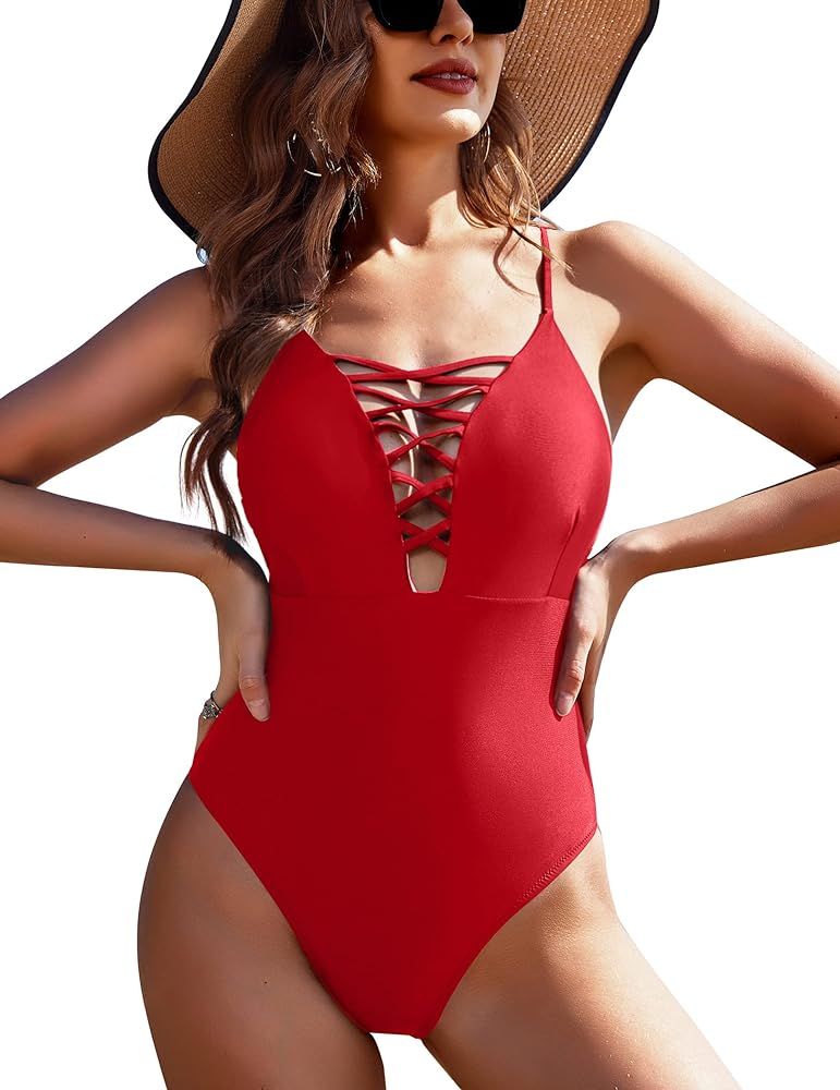 Ekouaer Plunge Neck One Piece Swimsuits Criss Cross Swimwear Sexy Bathing Suit for Women | Amazon (US)