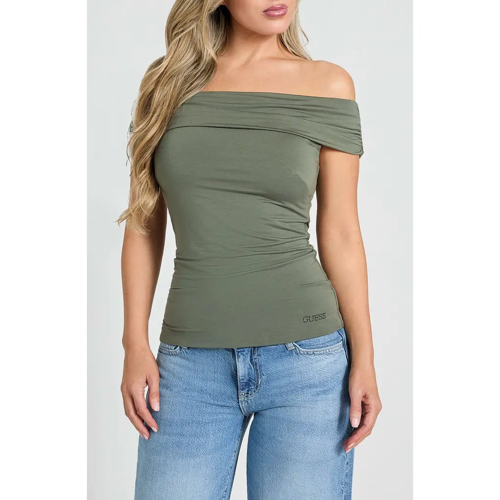 GUESS Off the Shoulder Top in Green Plant at Nordstrom, Size Small | Nordstrom