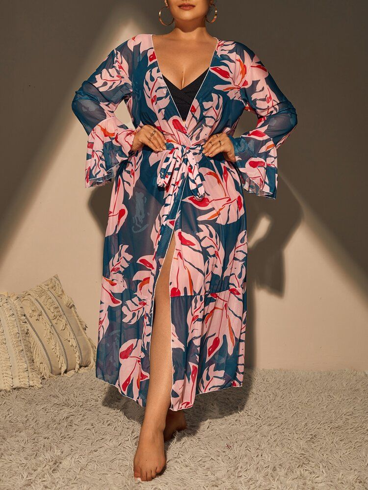 New
     
      Plus Tropical Print Flounce Sleeve Ruffle Hem Belted Kimono | SHEIN
