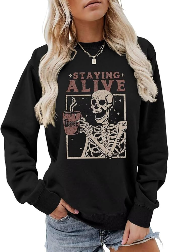 Halloween Skeleton Sweatshirt For Women Staying Alive Sweater Skeleton Drinking Coffee Long Sleev... | Amazon (US)