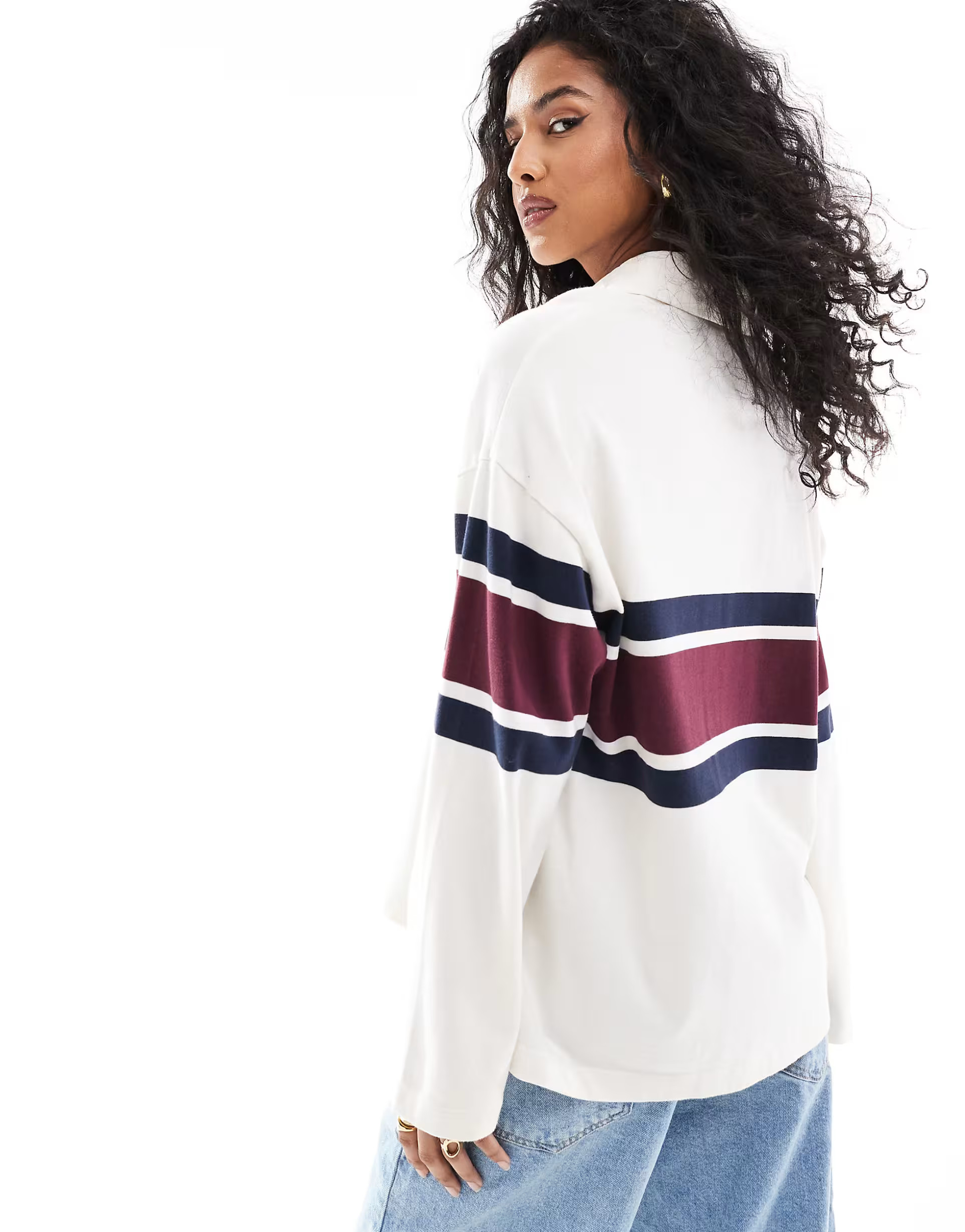 Abercrombie & Fitch contrast stripe rugby top in cream multi | ASOS (Global)