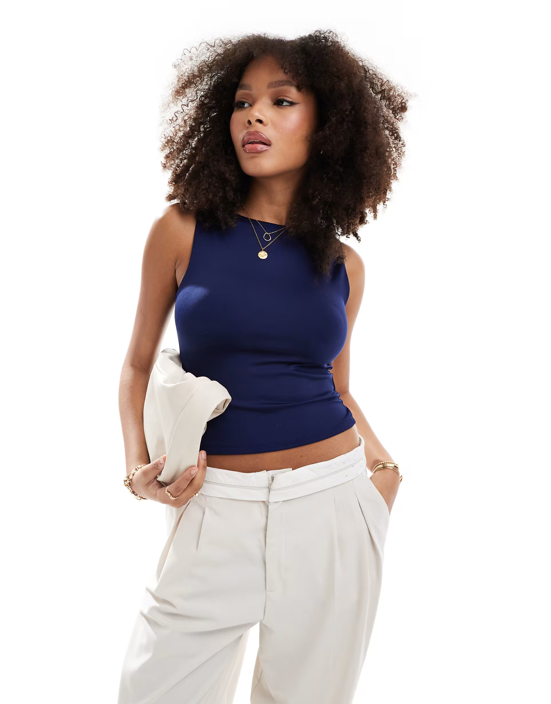 Stradivarius boat neck sleeveless top in navy | ASOS (Global)