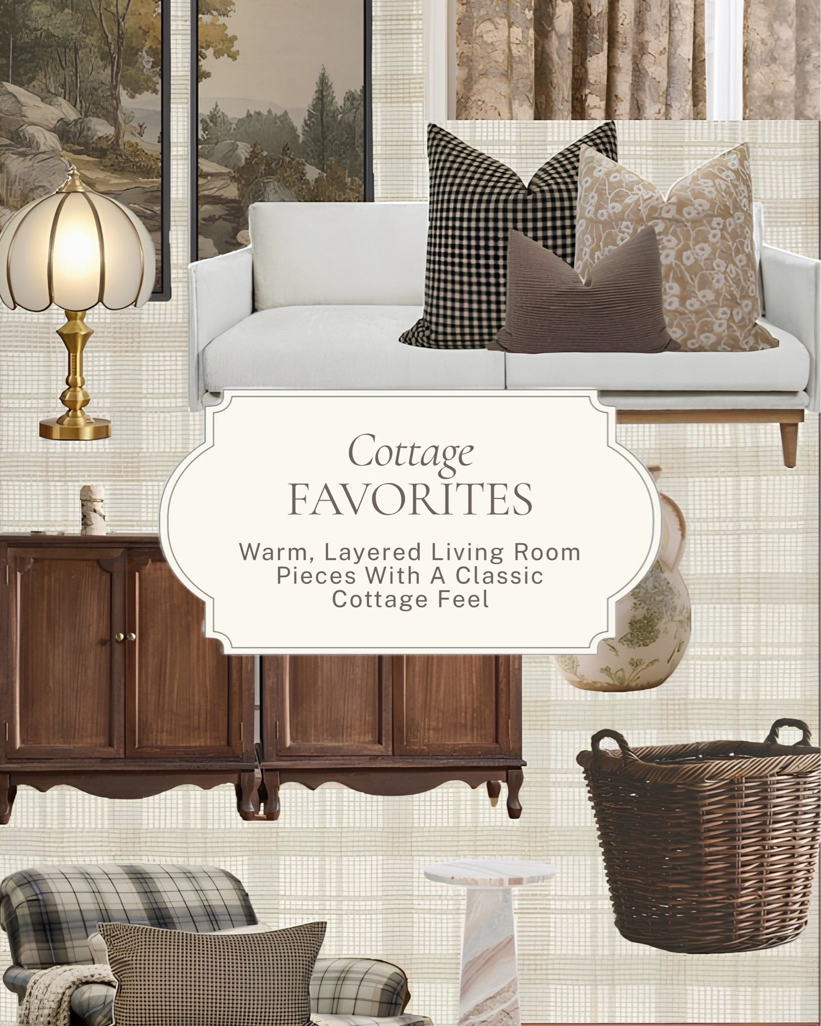 The living room combination that never gets old ✨ 

A cream sofa, a mushroom lamp, a dark wood sideboard, a scenic mural wallpaper, floral drapes, gingham and botanical throw pillows, and a wicker basket that grounds it all. 

All linked here 🤍 

#LTKhome