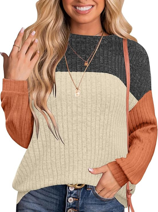 MixShe Womens Sweaters Color Block 2025 Fall Fashion Crewneck Tunic Tops S-XXL | Amazon (US)