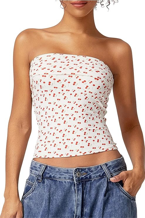 QINSEN Women's Tube Tops Strapless Bandeau Tops Double Lined Slim Fit Summer Going Out Tank Tops | Amazon (US)