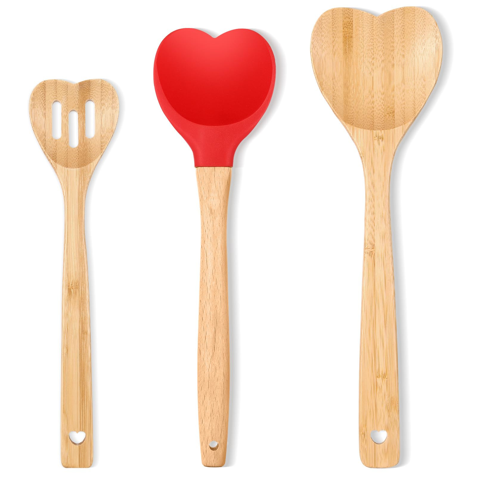 3 Pcs Valentine's Day Heart Shaped Spoons Heart Wooden Spoons Silicone Spatulas with Wooden Handl... | Amazon (US)