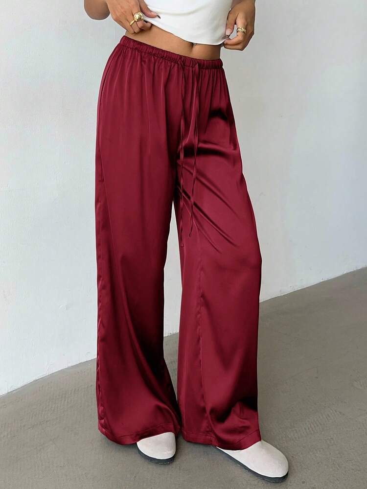 Aloruh Women's Low-Waist Casual Retro Satin Versatile Burgundy Mauve Color Long Skirt | SHEIN