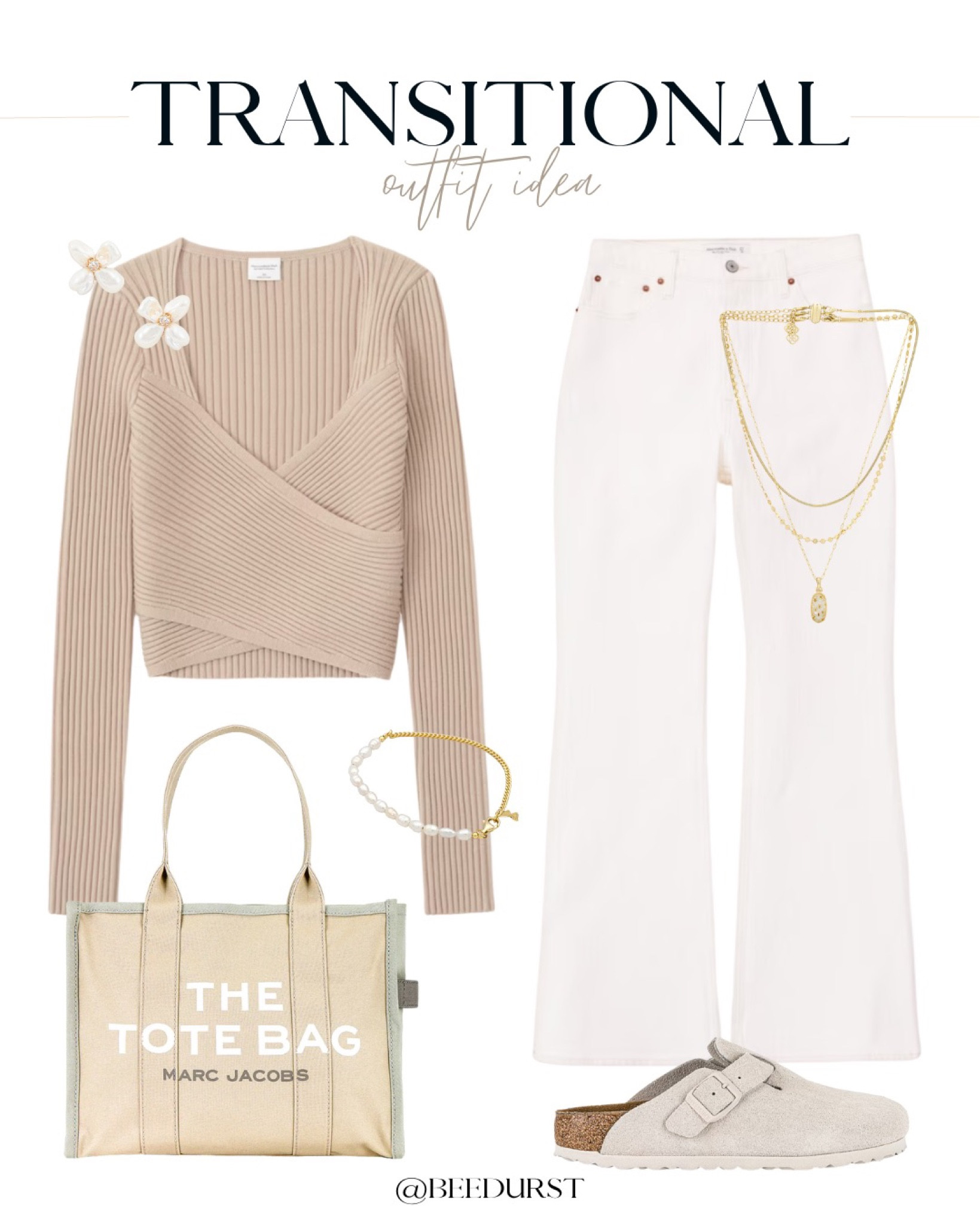 Abercrombie LTK sale, Transitional outfit idea, spring outfit idea, white jean outfit idea, spring transition outfit idea, spring outfits, spring sweater, wrap sweater, lightweight sweater, white jeans, tote bag, Birkenstock clog, spring shoes, spring clogs, trendy clogs, layered necklaces, pearl earrings

#LTKSale #LTKSeasonal #LTKitbag