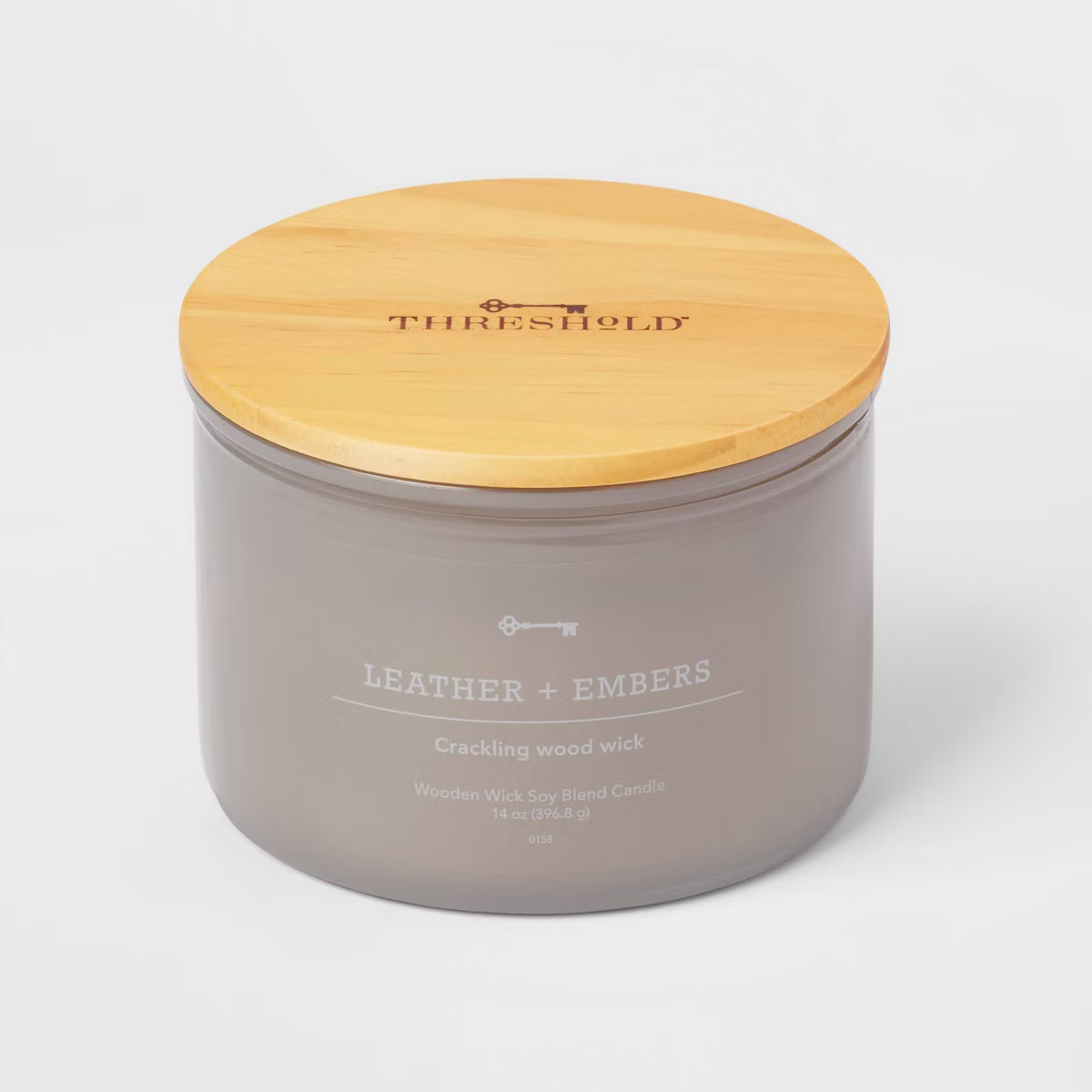 14oz Lidded Gray Glass Jar Crackling Wooden 3-Wick Candle with Clear Label Leather + Embers - Thr... | Target