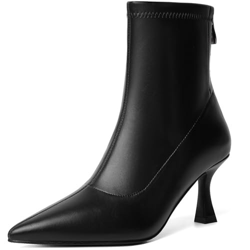 RIBONGZ Black Ankle Boots for Women Kitten Heeled Booties Back Zipper Pointed Toe Dressy Fur Mid Calf Short Stiletto High Heel Fashion Leather PU Work Dress Shoes 9 | Amazon (US)