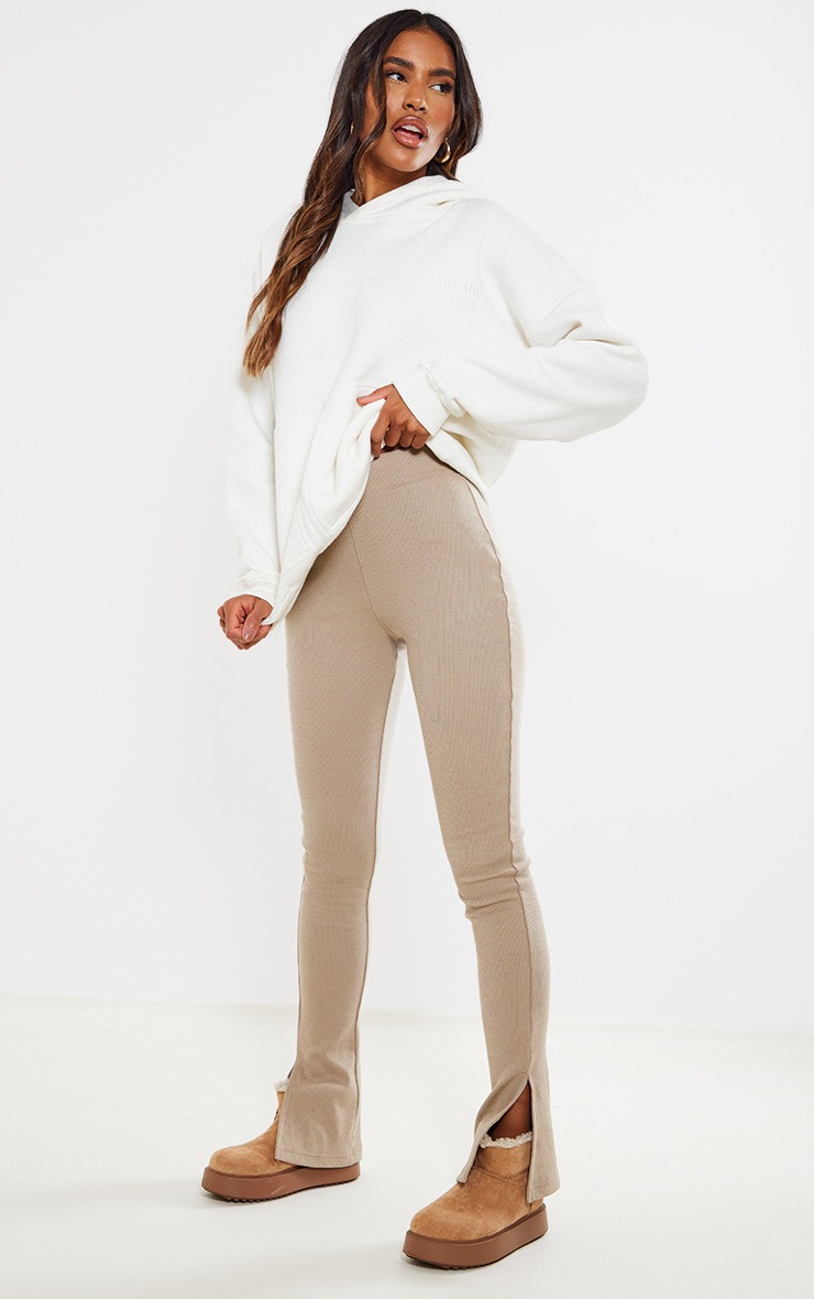 Mocha High Waist Textured Rib Split Hem Pants | PrettyLittleThing US