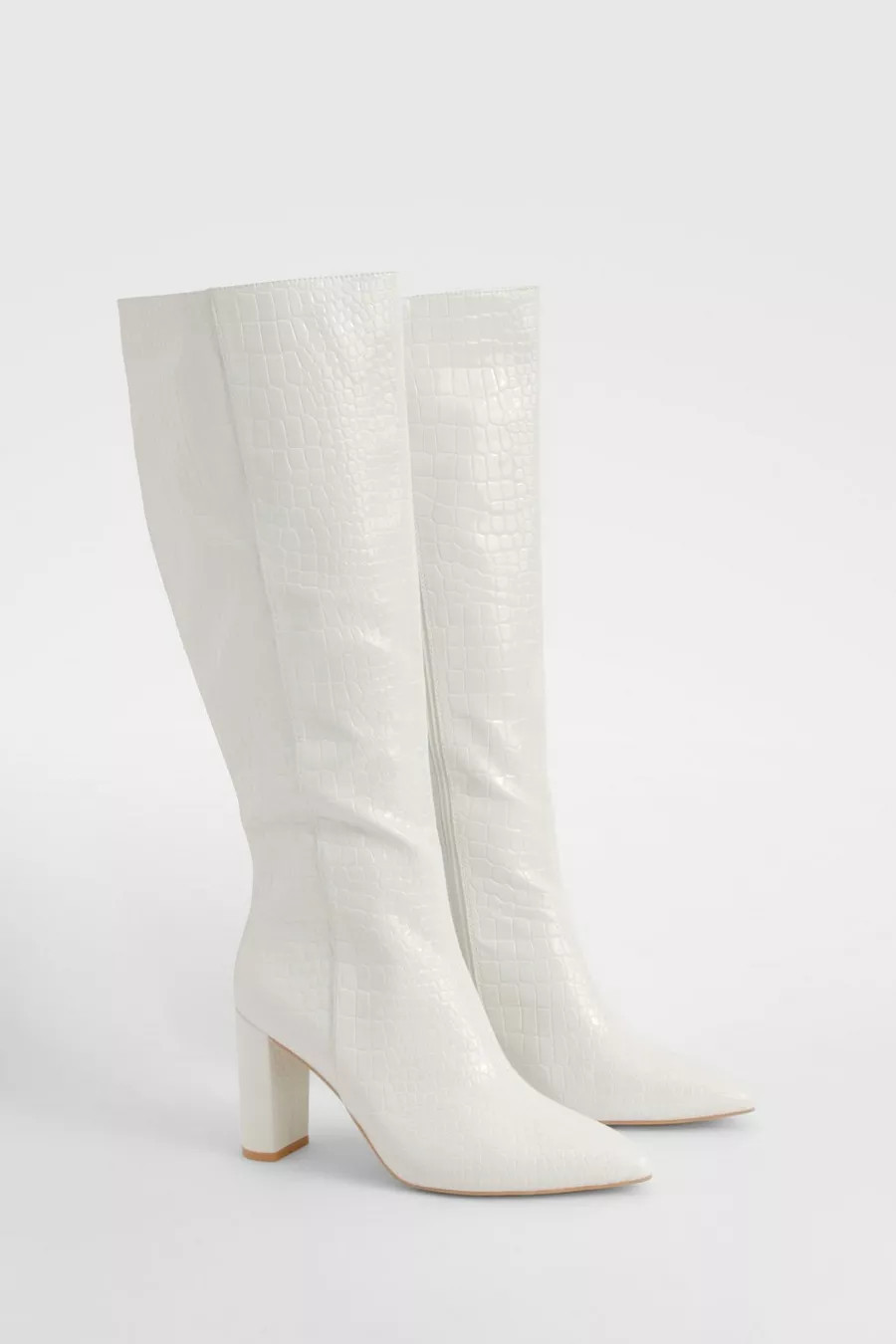 Wide Fit Croc Pointed Knee High Heeled Boots | Boohoo.com (UK & IE)