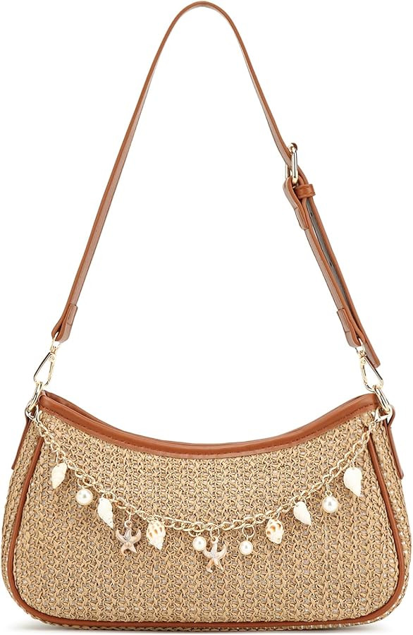 Straw Shoulder Bag for Women Raffia Summer Beach Bag Boho Woven Straw Shoulder Purse Crochet Vaca... | Amazon (US)