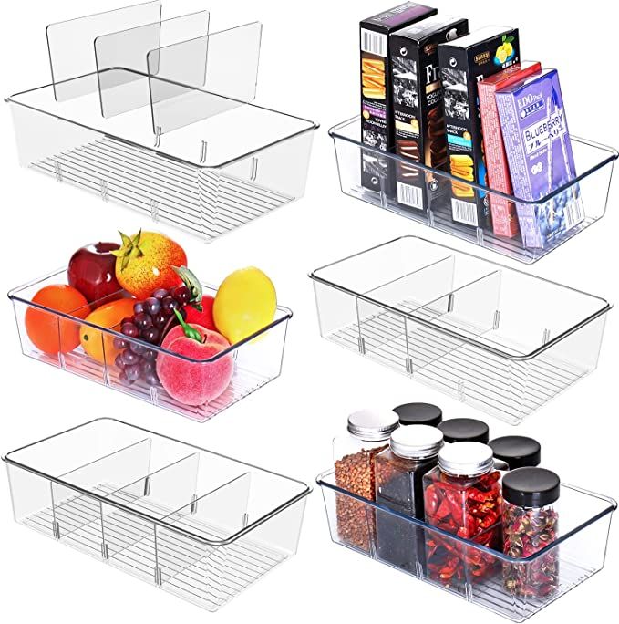 Set Of 6 Snack Organizer for Pantry – Food Organization and Storage Clear Bins w Removable 3 Di... | Amazon (US)