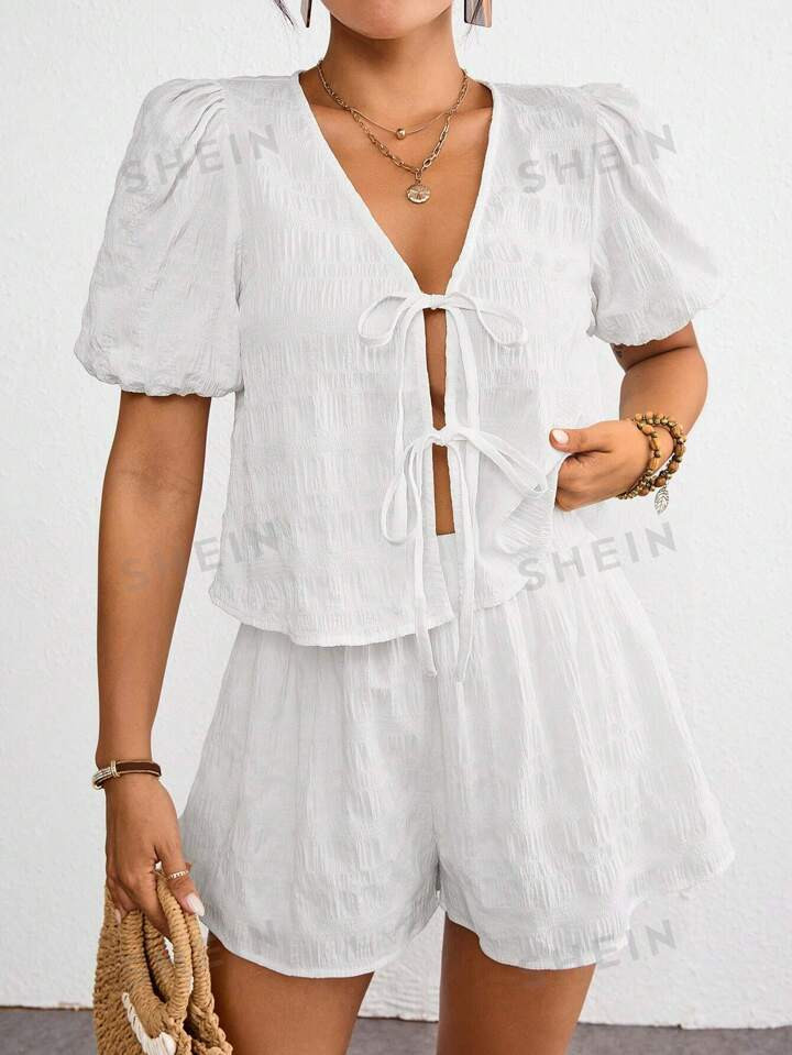 SHEIN VCAY Women's Summer Solid Color Front Tie Shirt And Shorts Set,Short Sleeve Shirt And Short... | SHEIN