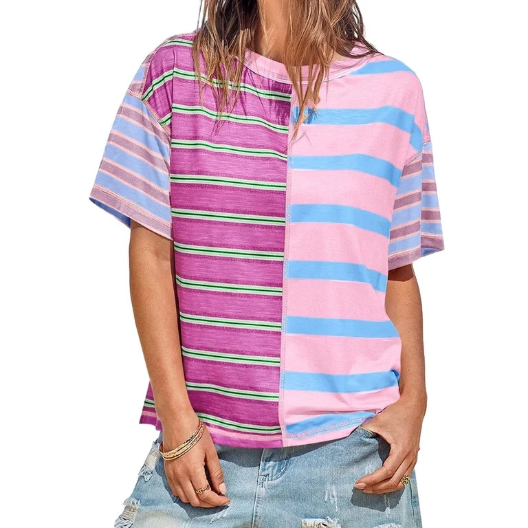 Colorful Stripe Print Color Block Women Short Sleeve Summer Casual Crop Shirt | Walmart (US)