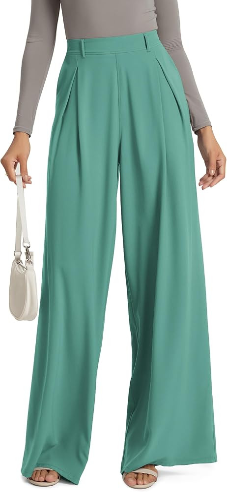 ODODOS Chiffon Flowy Pleated Wide Leg Pants for Women Lightweight High Waist Trouser with Pockets... | Amazon (US)