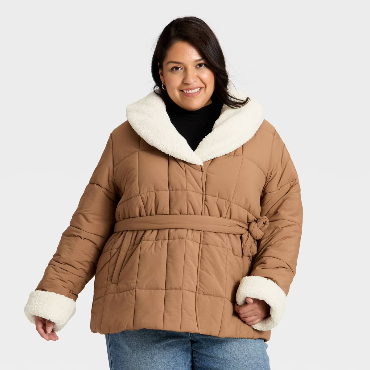 Women's Belted Faux Shearling Puffer Jacket - Ava & Viv™ | Target