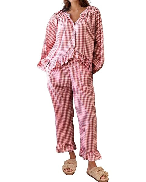 Flygo Womens Plaid Pajamas Sets 2 Piece Cotton Pj Set Puff Sleeve Ruffle Babydoll Shirt Gingham P... | Amazon (US)