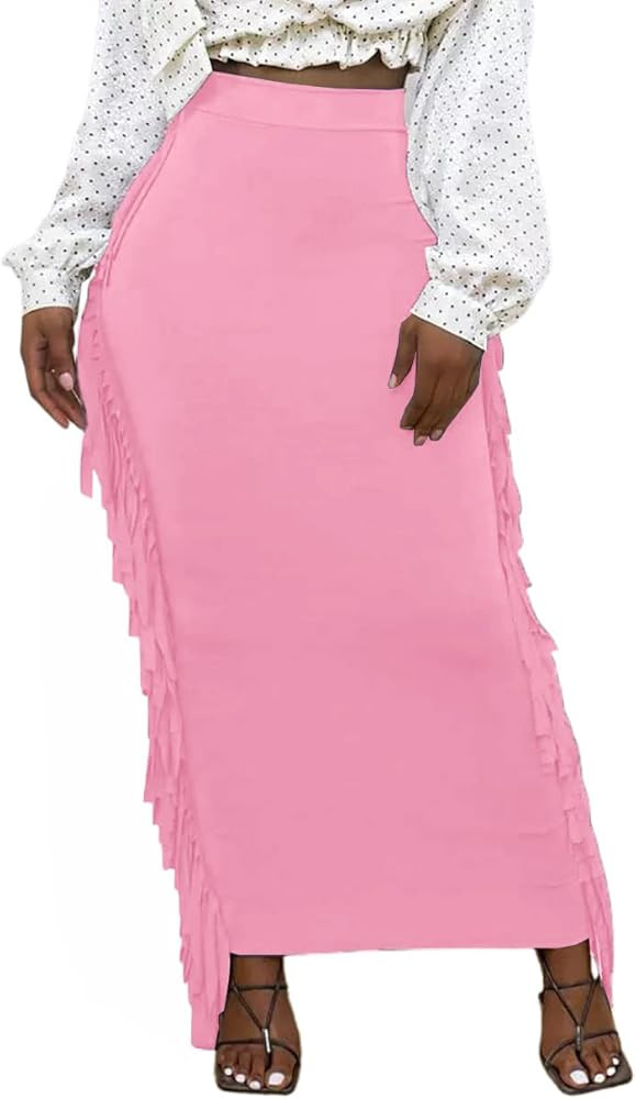 Lrady Women's Elastic Waist Slim Bodycon Side Tassels Long Maxi Pencil Skirts | Amazon (US)