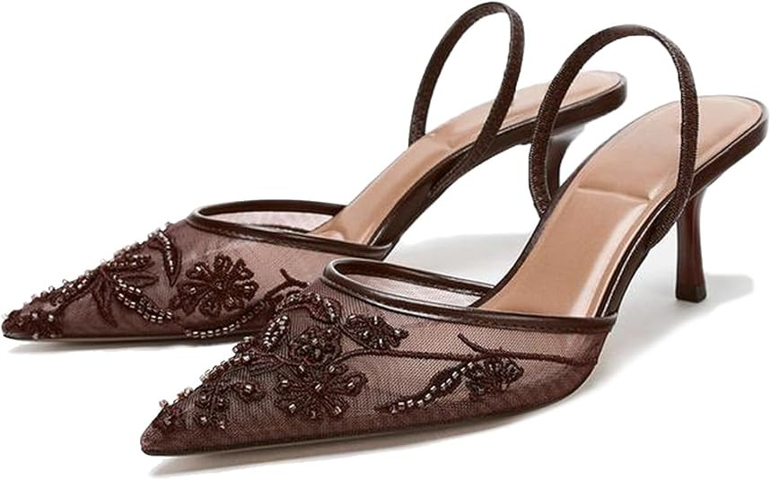 Lymphvity Women's Mesh Embroidered Slingback Heels with Bead Elegant Backless Kitten Heels Pointe... | Amazon (US)