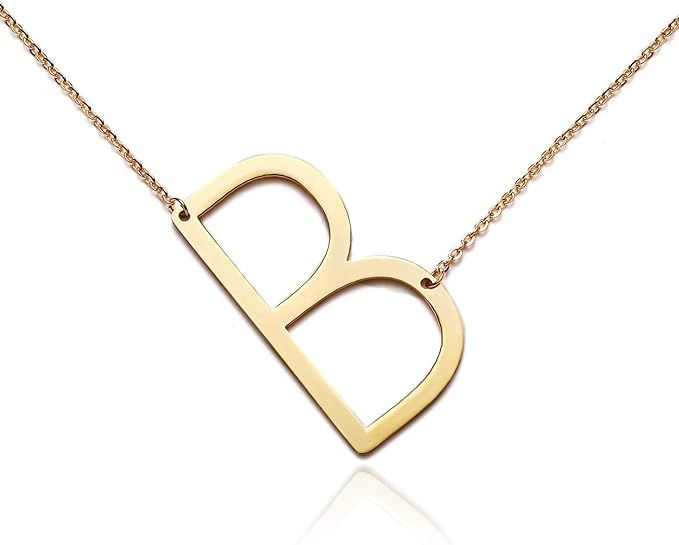 RINHOO Sideways Large Initial Necklace 18k Gold Plated Stainless Steel Big Letter Script Name Mon... | Amazon (US)