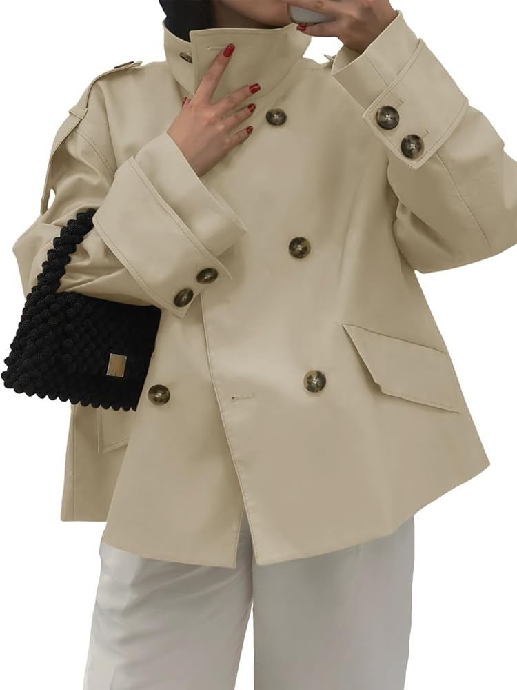 Tankaneo Womens Short Trench Coat Oversized Double Breasted Stand Collar Cropped Jacket Fall Casu... | Amazon (US)