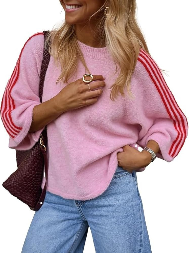 Melliflo Women's 3/4 Length Sleeve Striped Sweater Fall Knit Pullover Tops | Amazon (US)