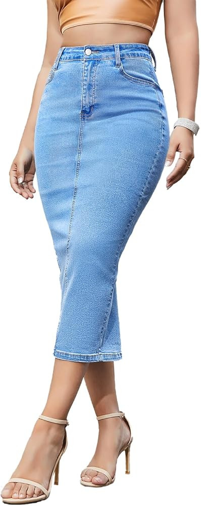 Women's Long Jean Skirts Stretch Denim Midi Skirts with Back Slit Bodycon Mid Waisted A Line Dres... | Amazon (US)