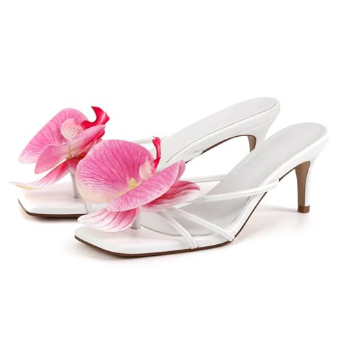 MissHeel Flower Heels for Women White Slip On Strappy Heel Backless High-Heel with Flowers Sandals 2.3 inch Mules Floral Shoes Size 9 | Amazon (US)