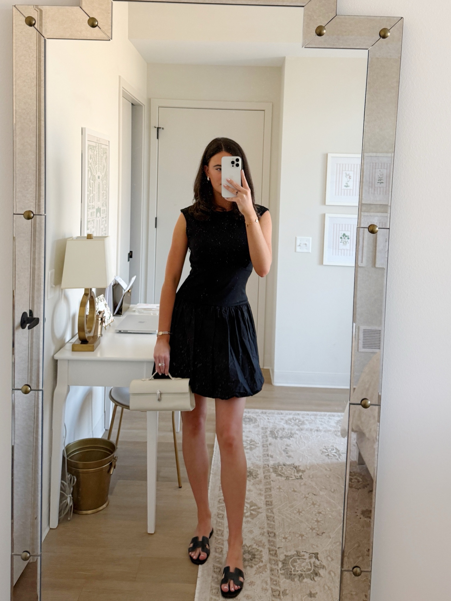 Black bubble dress from J.Crew, I paired with a black Hermes sandal and simple bag for a dinner party with friends! 