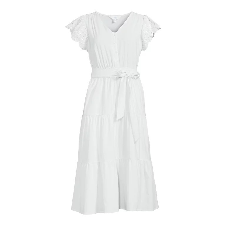 Time and Tru Women's Tiered Midi Dress with Eyelet Sleeves | Walmart (US)